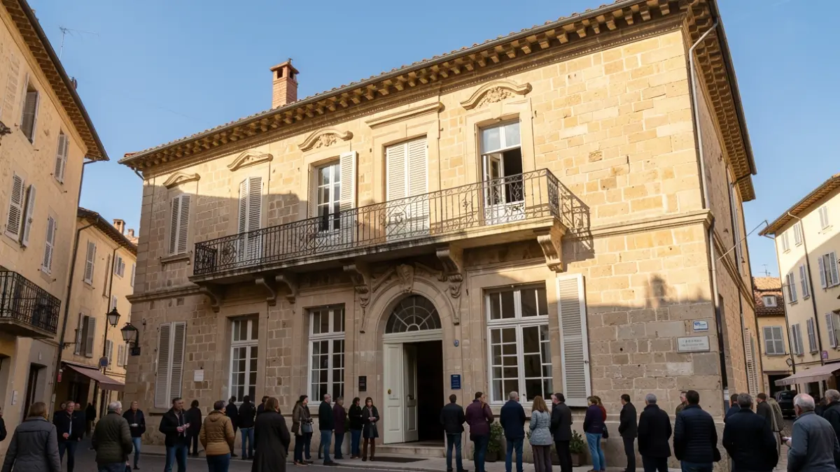 Image générique de la façade d'une mairie en pierre dans le sud de la France, sous un ciel bleu et un soleil d'après-midi.