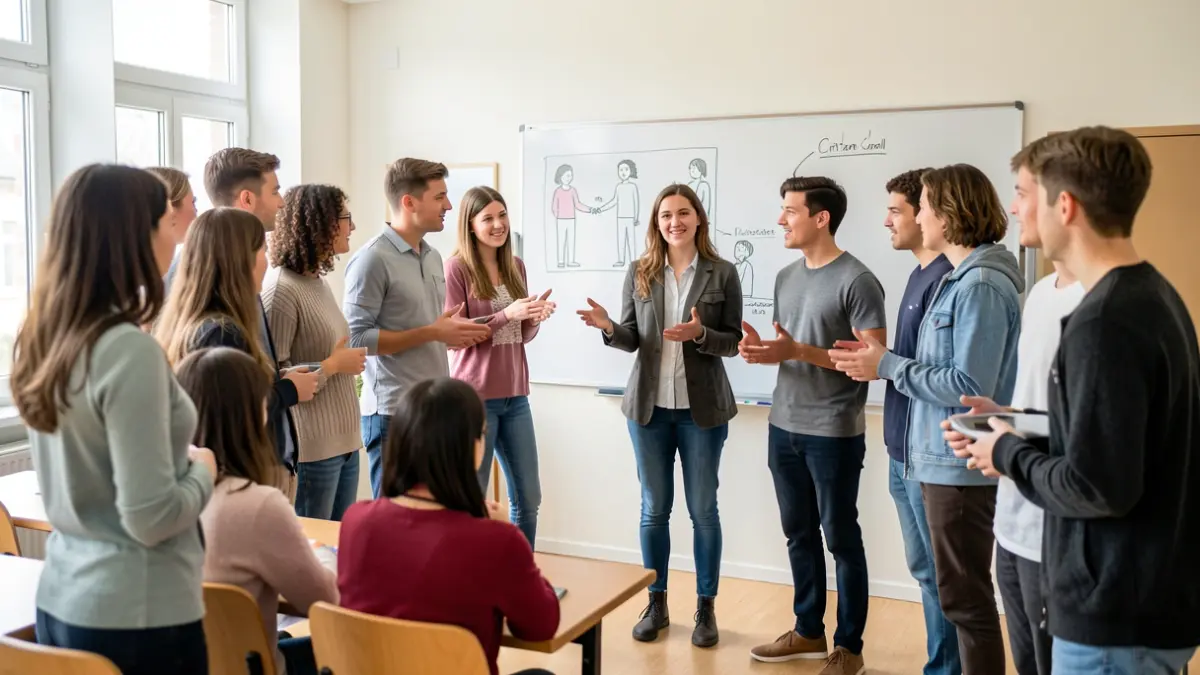 Generic image of a classroom with young people and adults discussing around a whiteboard.