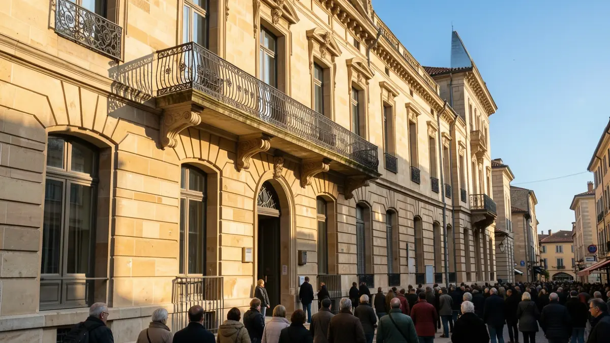 Generic image of a Provençal public building facade with an ornate balcony, in warm afternoon sunlight.