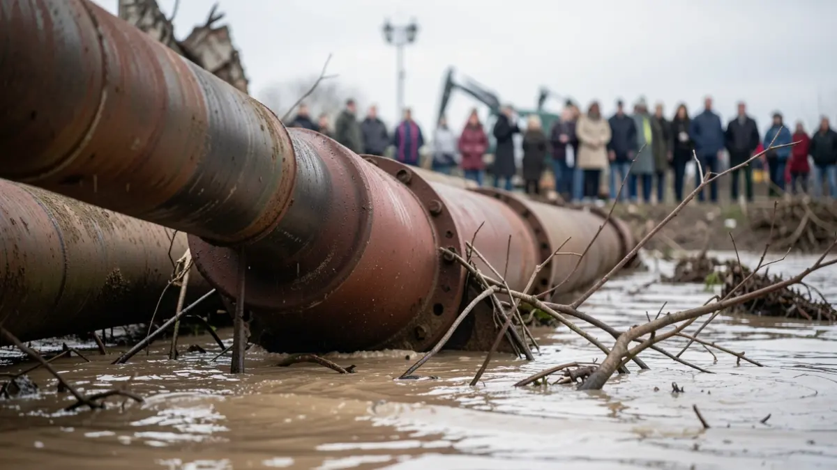 Generic image of large industrial pipes in muddy water with debris.