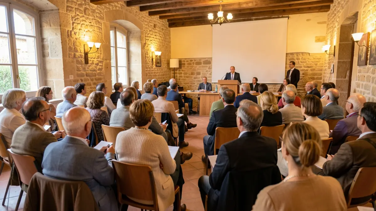 Public meeting room in the South of France, community gathering atmosphere.