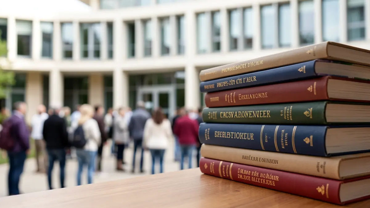 Generic image of academic books on a desk, with a blurred background of a university building facade in Provence-Alpes-Côte d'Azur.