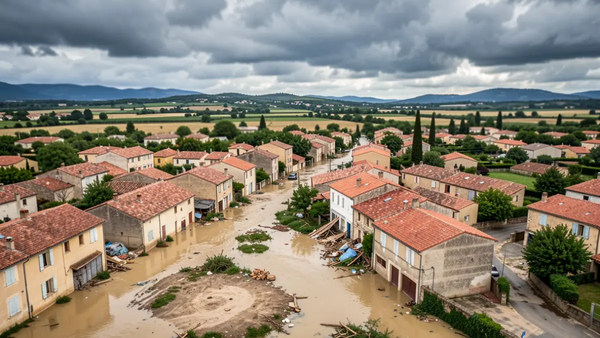 Image générique de la ville de Saint-Étienne-du-Grès après des intempéries, montrant les conséquences des inondations.