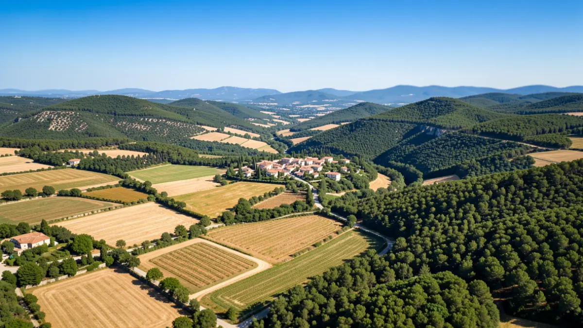 Image générique de champs agricoles et de forêts dans la région Provence-Alpes-Côte d'Azur, avec un village.