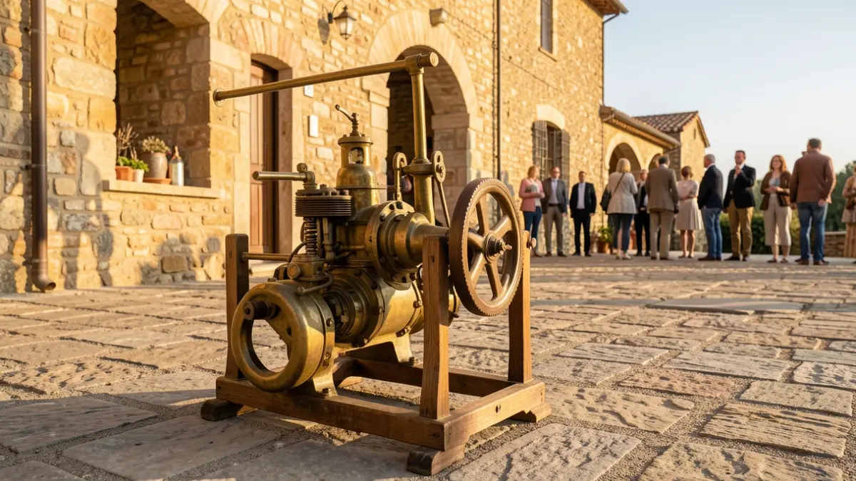 Image générique d'une ancienne pompe à incendie à bras en laiton et bois, posée sur un sol en pierre devant un bâtiment ancien.