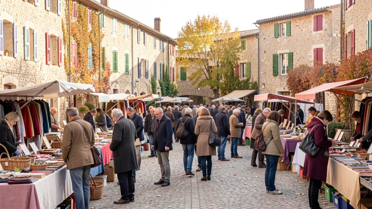 Generic image of a lively village square in Provence during a sunny flea market.