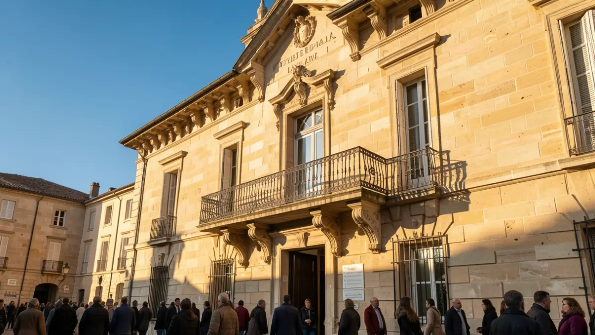 Image générique de la façade d'un bâtiment municipal en pierre dans le sud de la France, avec un balcon orné et des barreaux en fer, baignée par la lumière chaude du soleil de l'après-midi.