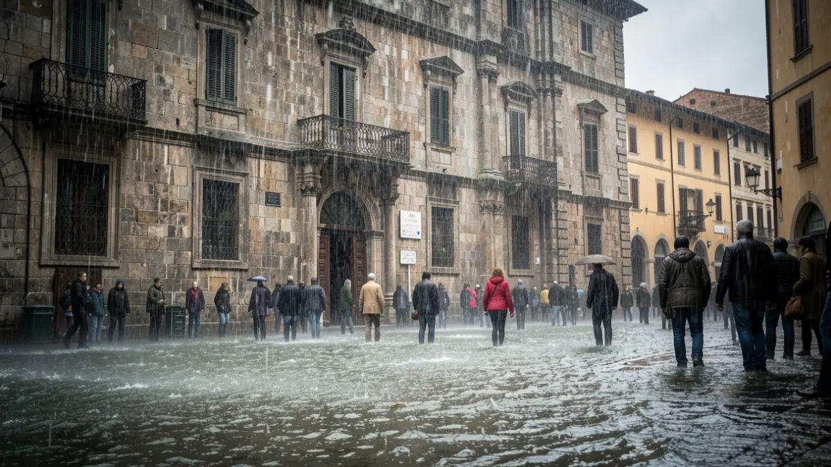 Generic image of a town hall facade under heavy rain with a flooded square.