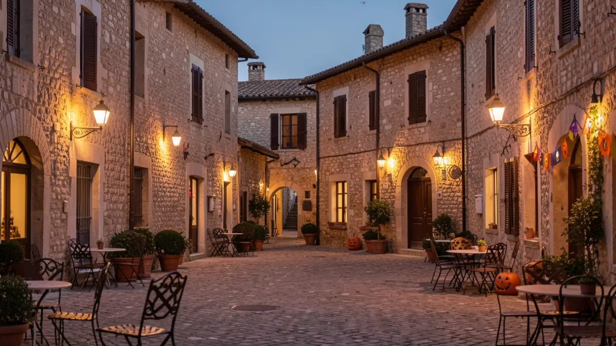 Generic image of a Provençal village square illuminated at night.