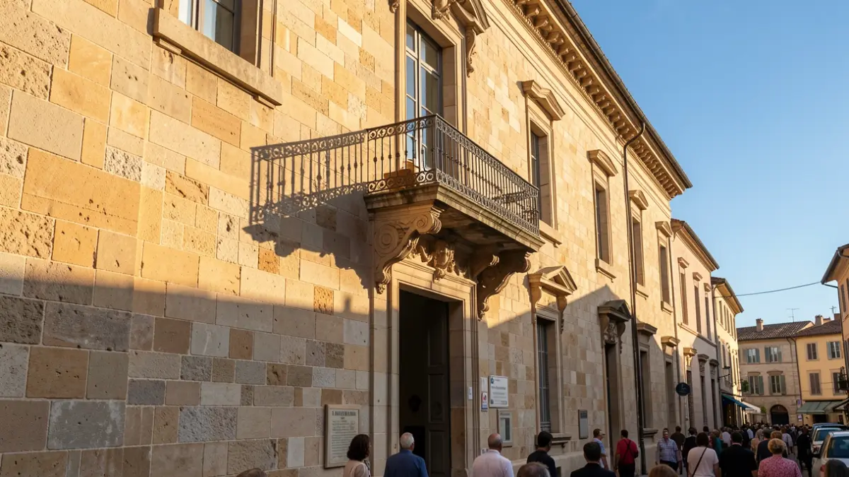Generic image of the facade of an official building with an ornate balcony, under an afternoon sun.