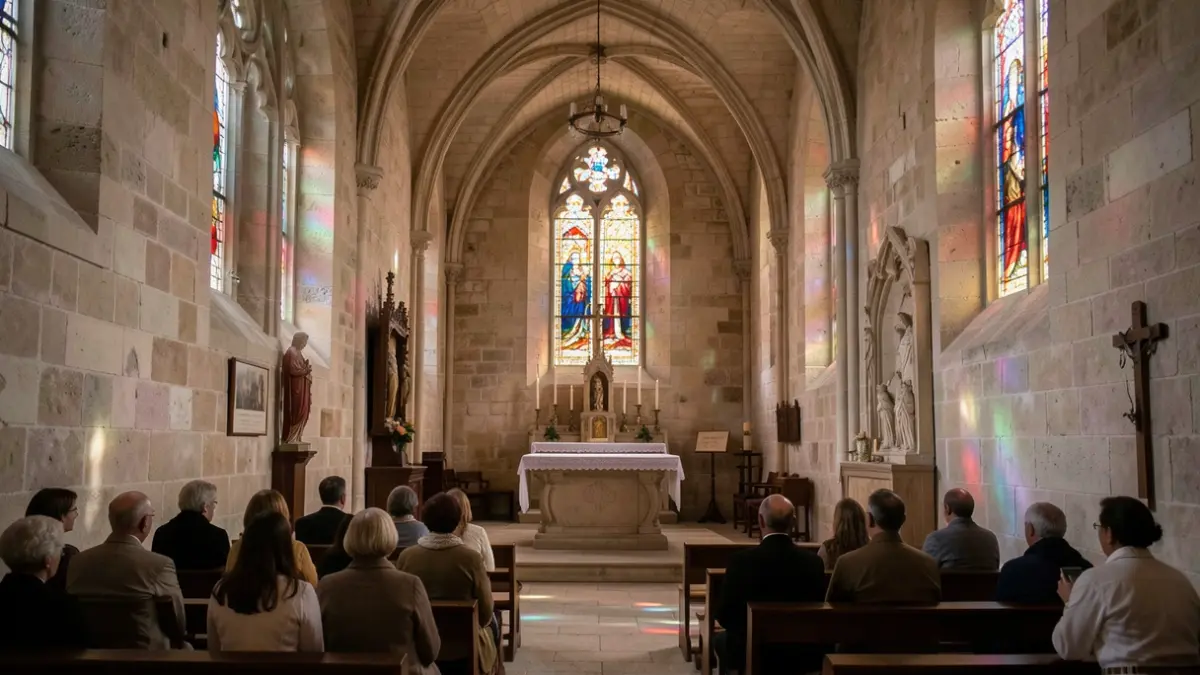 Generic image of the interior of a Provençal chapel with stained glass windows.