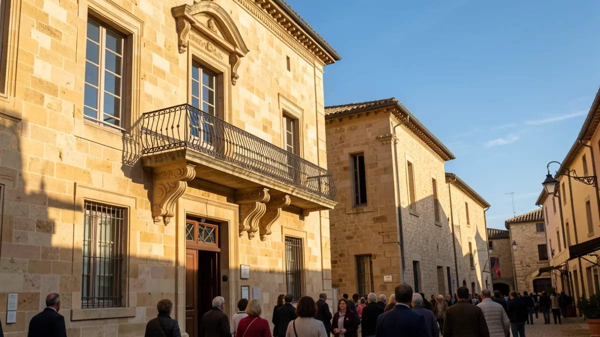 Image générique de la façade d'une mairie en pierre de Provence, avec balcon orné et éclairage d'après-midi.