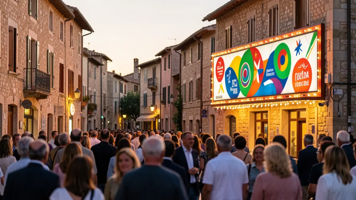 Image générique d'un festival de cinéma dans une ville méditerranéenne pittoresque, avec une architecture provençale et une enseigne de cinéma abstraite.