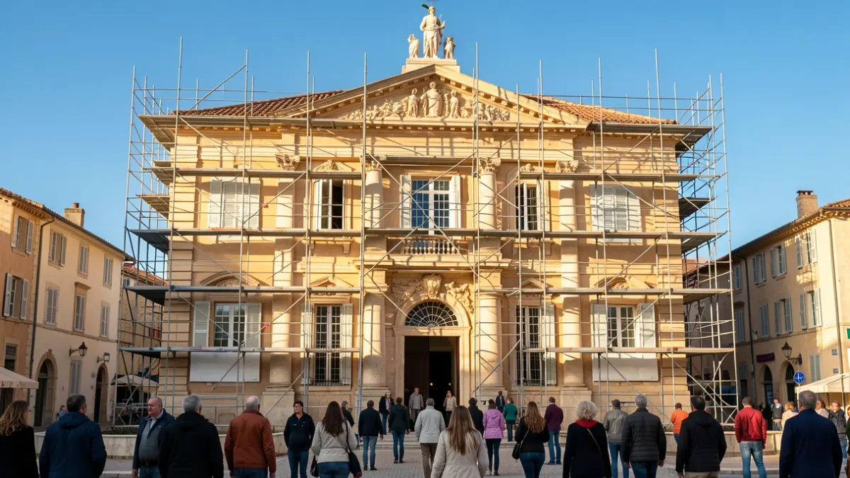 Image générique de la façade d'un hôtel de ville en cours de restauration à Saint-Tropez, avec des échafaudages et un ciel bleu.