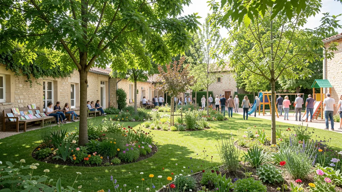 Image d'une cour-jardin d'école verdoyante et ludique dans le Var.