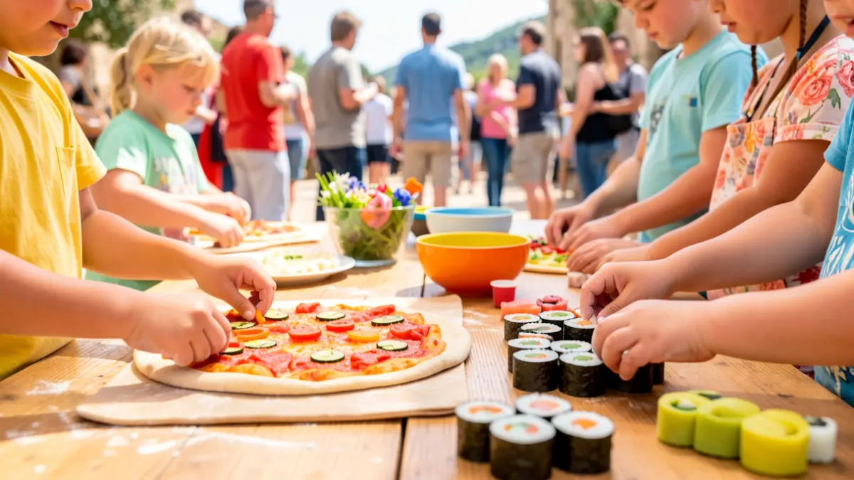 Image générique de mains d'enfants préparant des aliments colorés comme de la pâte à pizza et des rouleaux de sushi sur une table en bois, atmosphère ludique et lumineuse.