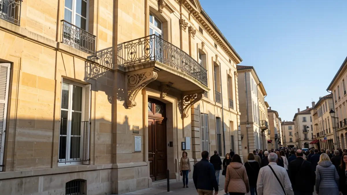 Generic image of the stone facade of a town hall in Provence-Alpes-Côte d'Azur with a balcony and wrought iron railings, in the afternoon sun.