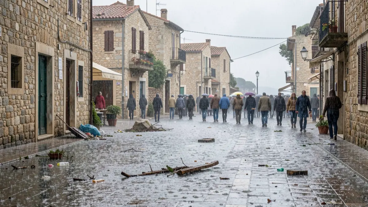 Generic image of heavy rain falling on a Mediterranean coastal town, with water pooling and debris visible.