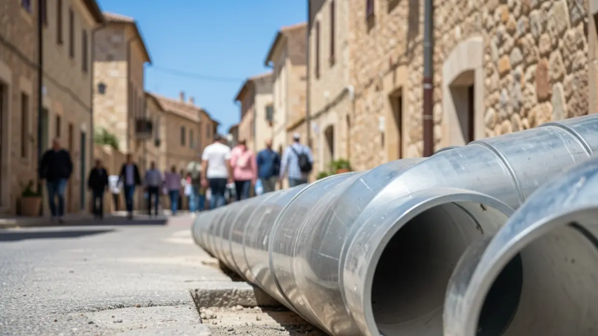 Generic image of large, modern drainage pipes being installed on a paved street in a Mediterranean town, with blurred stone buildings and blue sky in the background.