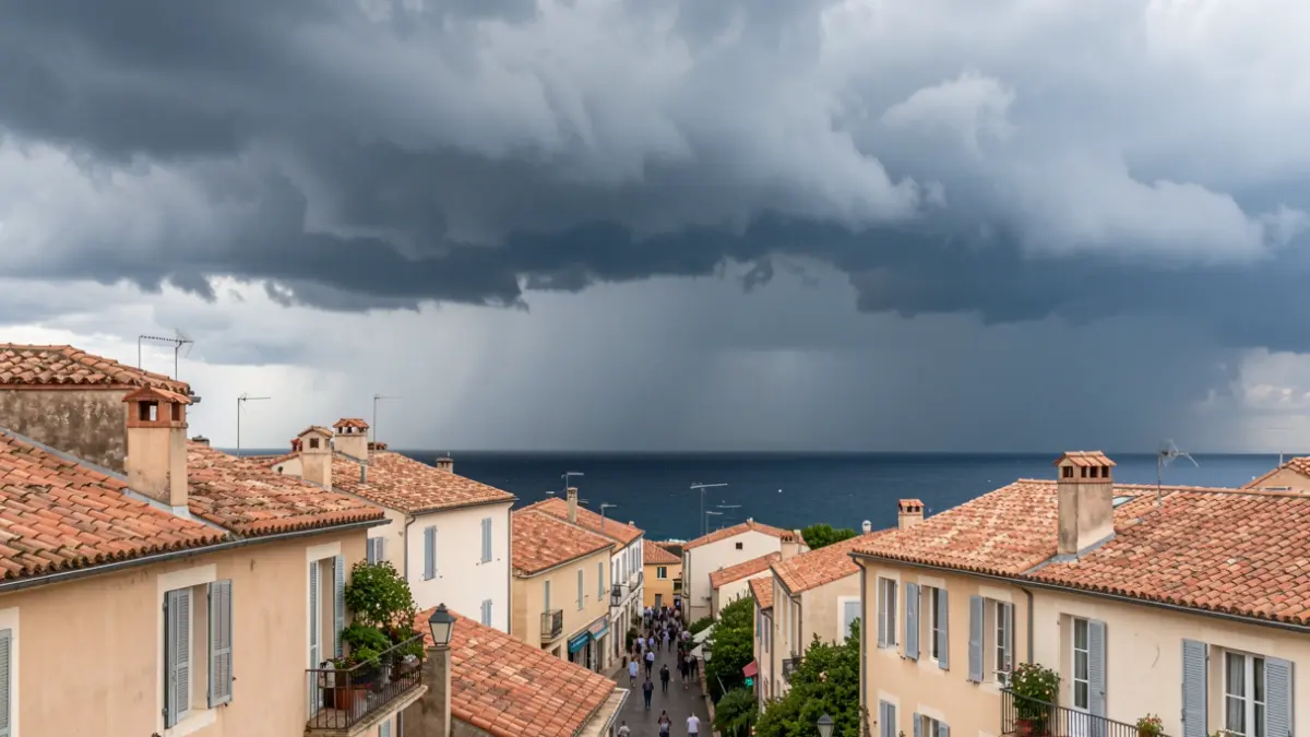 Image générique de nuages d'orage au-dessus des toits de Saint-Tropez, avec la mer Méditerranée en arrière-plan.