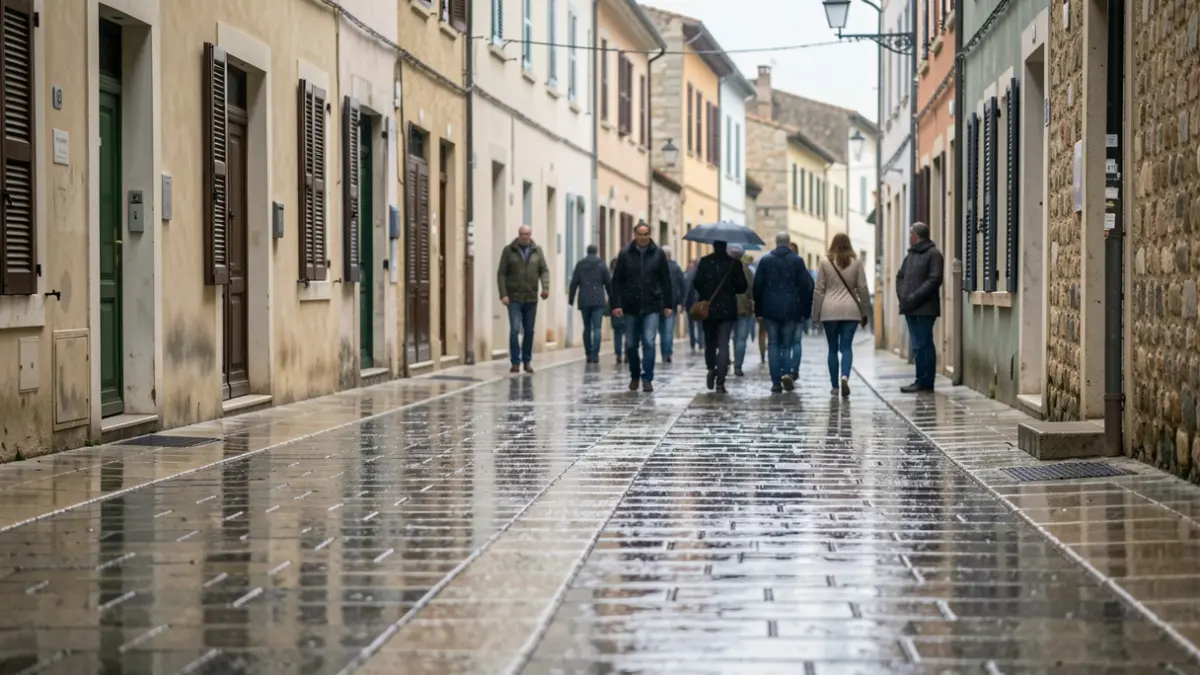Image générique de rues urbaines après des intempéries, avec des sols mouillés et une atmosphère nuageuse.