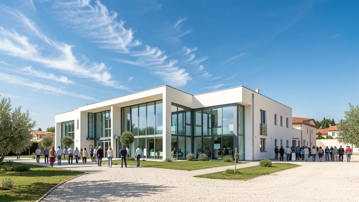 Generic image of a modern medical building in a sunny Provençal landscape.