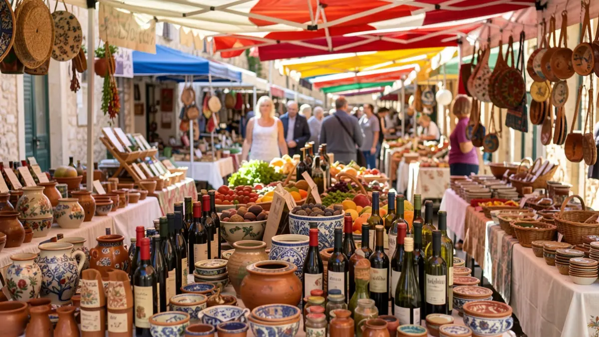 Scène de marché artisanal en Provence avec produits locaux et visiteurs.