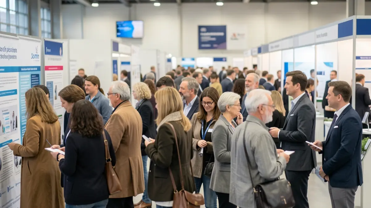 Generic image of a public job fair with attendees and information booths.