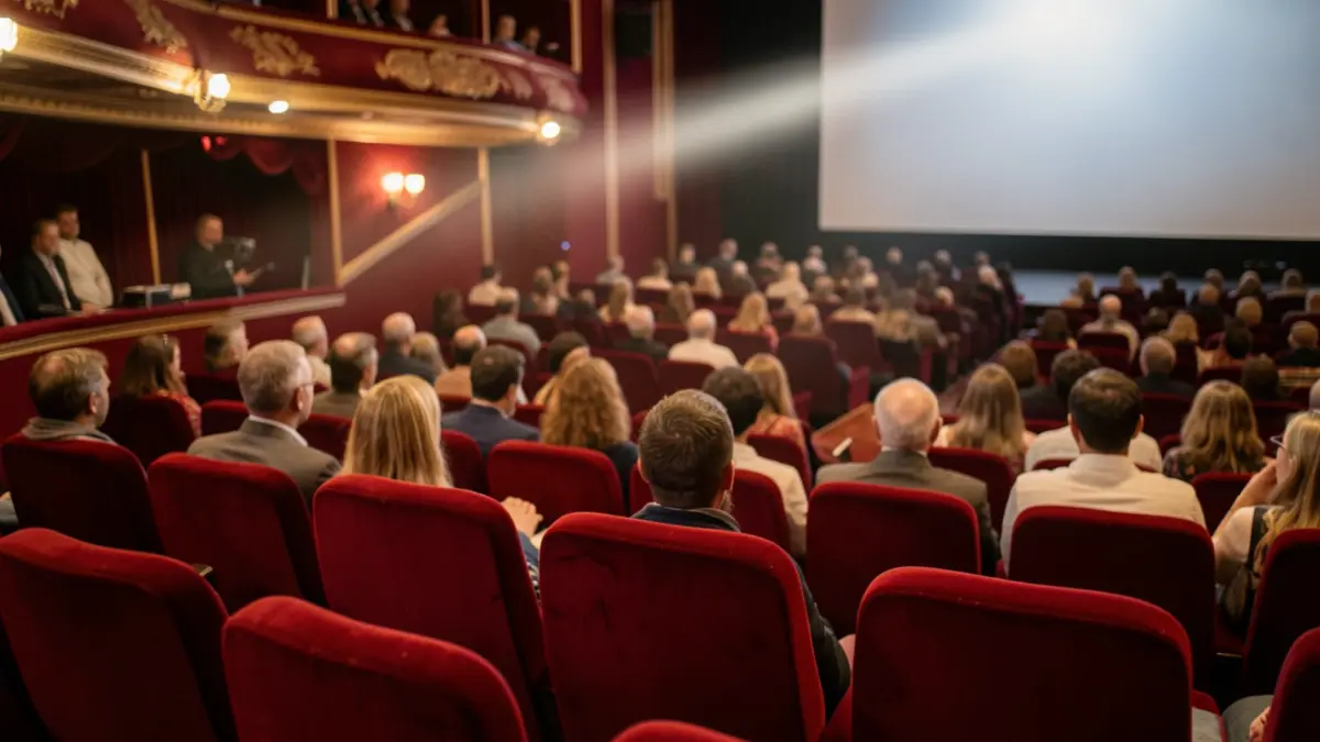 Generic image of a cinema interior with red seats and a light beam.