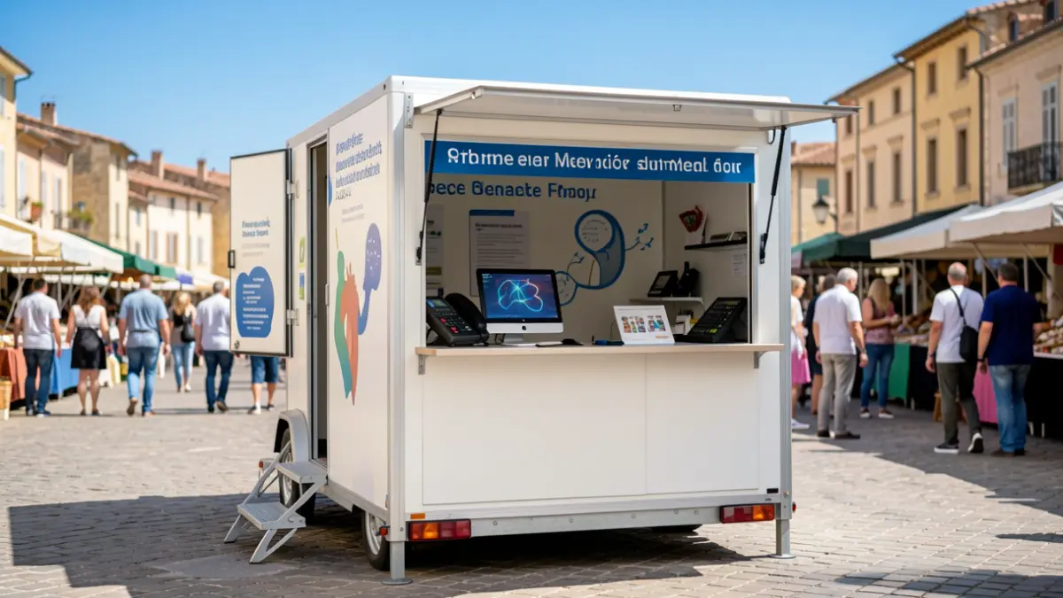 Un stand d'information mobile UNAFAM sur la santé mentale sur la place du marché de Draguignan.