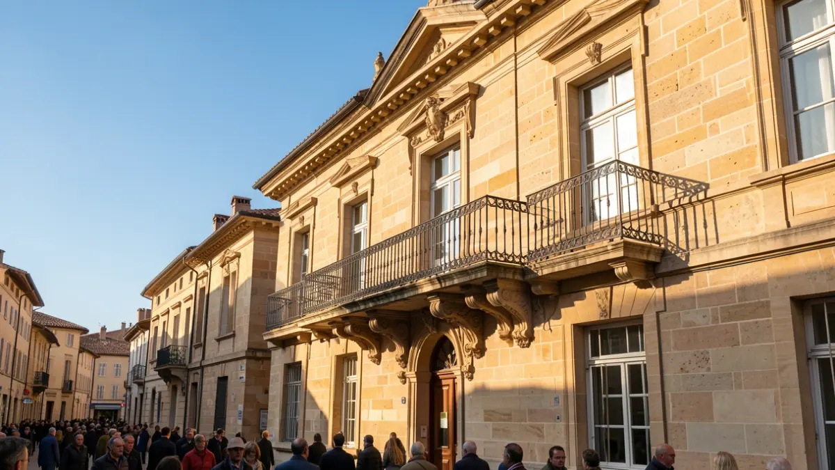 Generic image of a stone facade of an official building in southern France, bathed in warm afternoon sunlight.