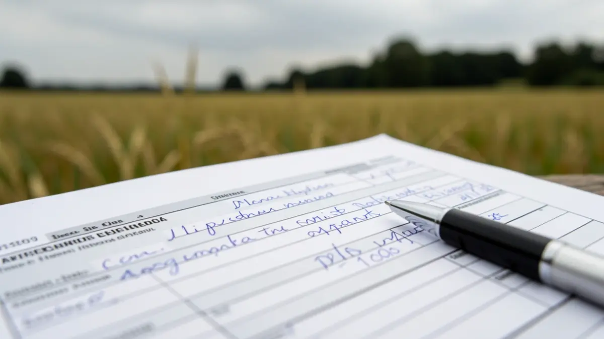 Image générique d'un formulaire fiscal avec des notes manuscrites et un stylo, dans un contexte de procédures financières agricoles.
