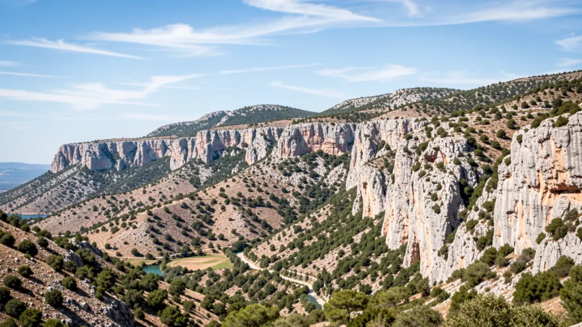 Panoramic view of the Sainte-Baume massif in Provence-Alpes-Côte d'Azur, showing its limestone reliefs and blue sky.