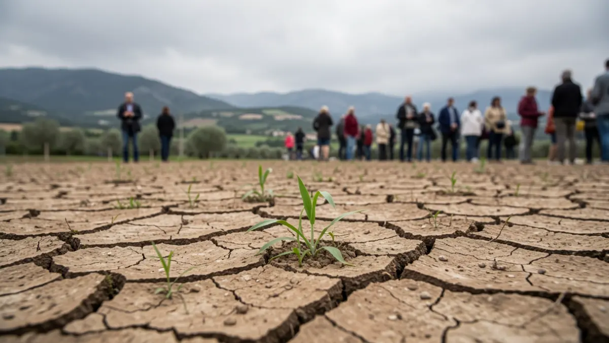 Generic image of dry earth with a few green shoots under an overcast sky.