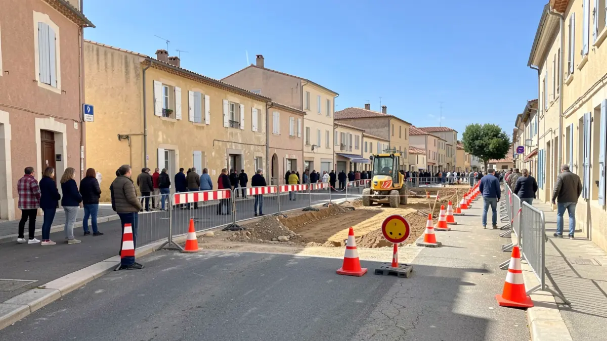 Street construction site on Rue de la Gare in Venelles with safety measures in place.