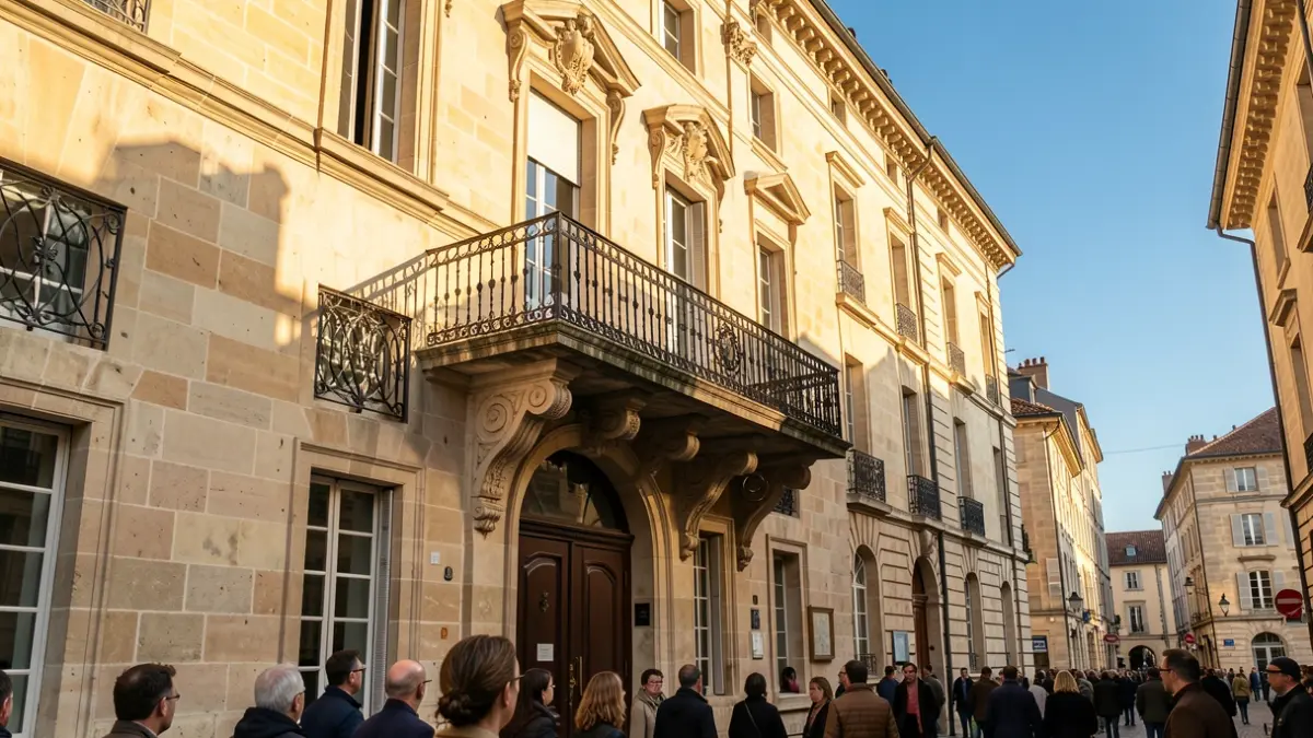 Facade of the Régusse town hall, a stone building with a balcony and ironwork, under the afternoon sun.