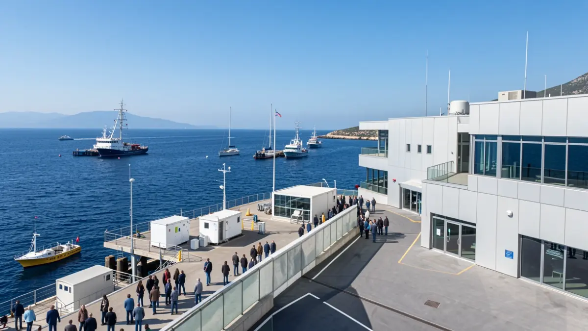 View of the Mediterranean Sea from a marine observatory, with scientific equipment and boats in the background.