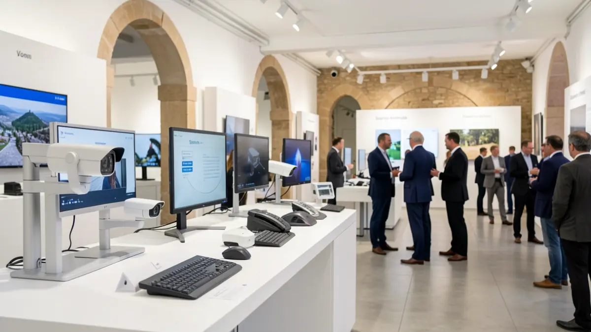 High-tech exhibition space in Sophia Antipolis showcasing video surveillance solutions.