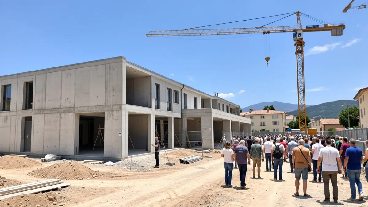 Image générique de chantier de construction d'une école dans le sud de la France, avec des murs en béton et un ciel ensoleillé.