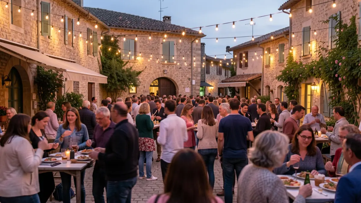 Image générique d'une fête de village en soirée, avec des lumières chaudes et des silhouettes de personnes réunies dans une ambiance conviviale.