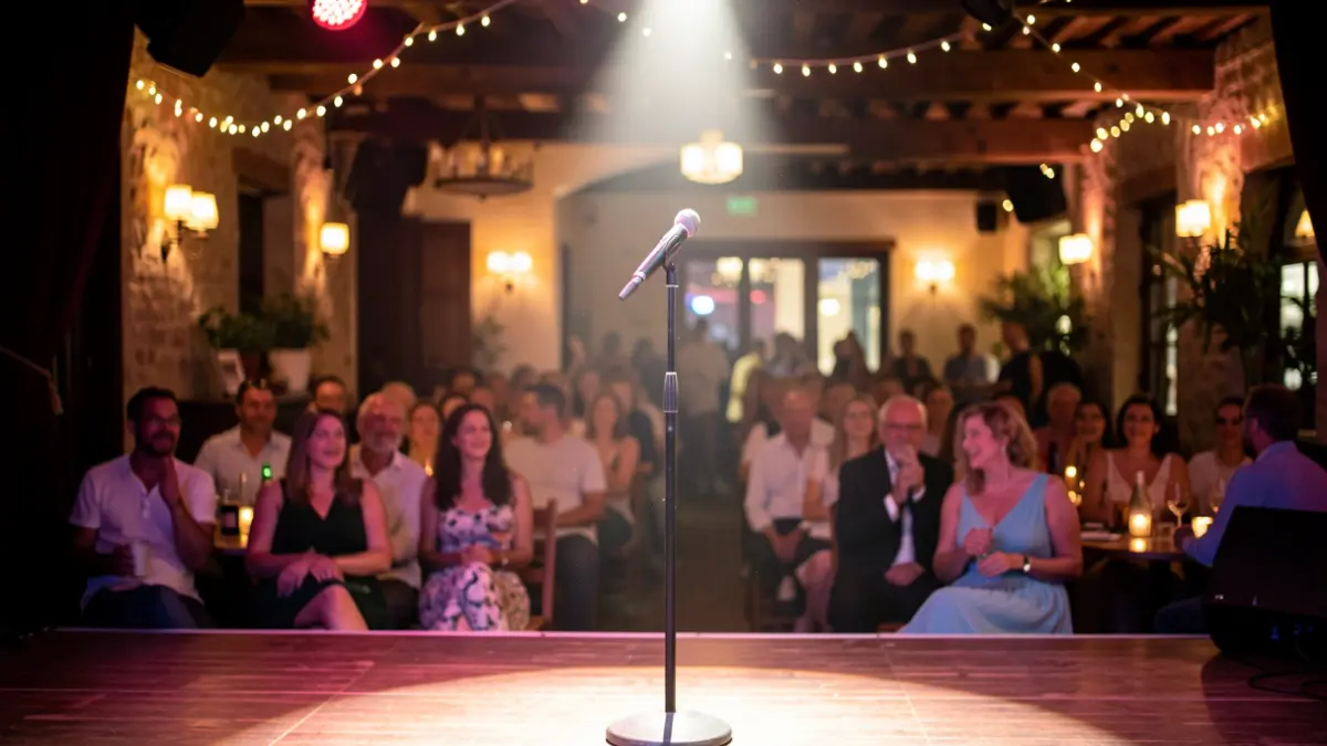 Generic image of a performance stage with a microphone stand, in a festive atmosphere.