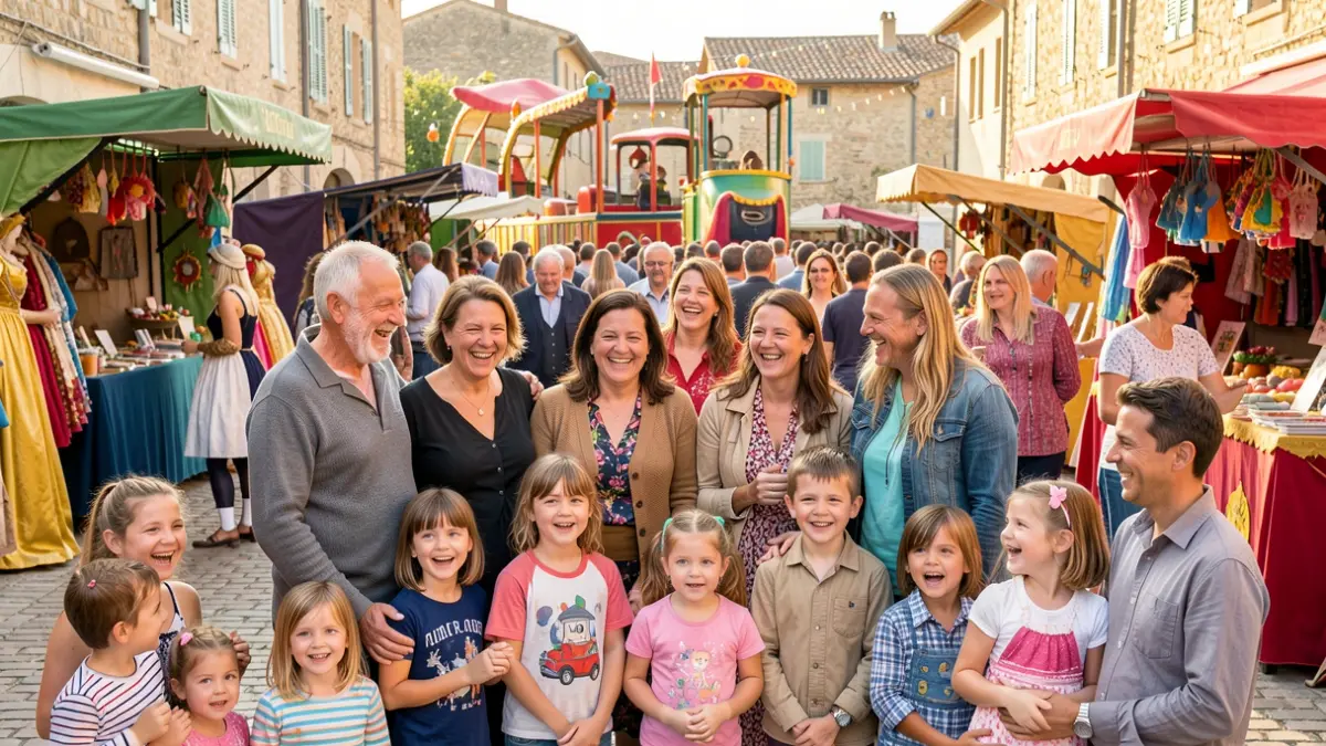 Generic image of a lively town festival with smiling families and various activities.
