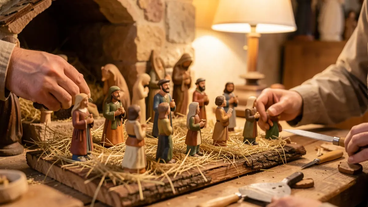 Préparation d'une crèche de santons avec des figurines en argile.