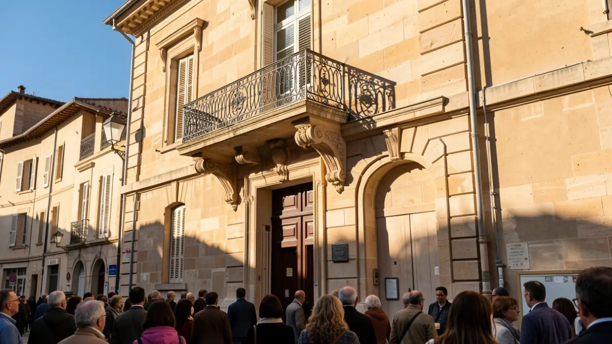 Generic image of a public building facade in Southern France, featuring traditional architectural elements and a blue sky.