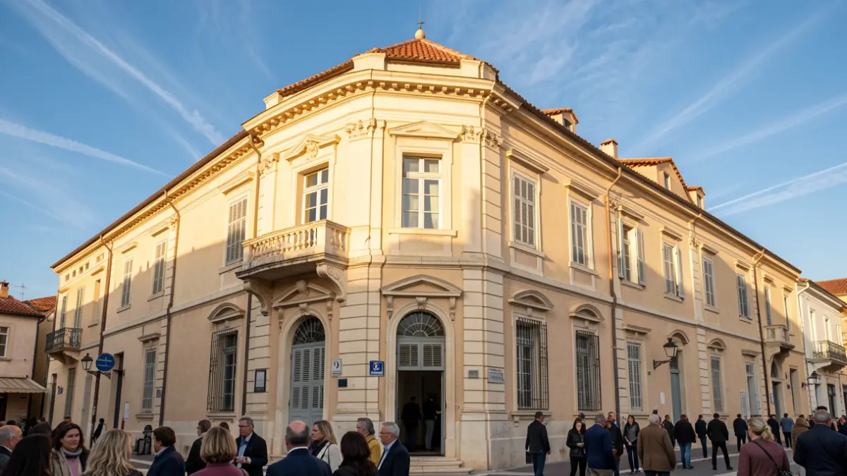 Image générique de la façade d'un bâtiment municipal dans le sud de la France, sous un ciel bleu et un soleil d'après-midi.