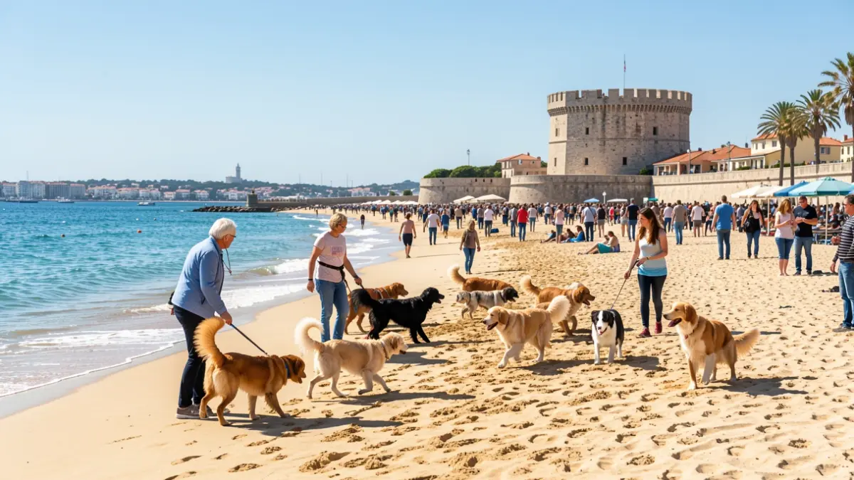 Journée du Chien à Toulon sur la caniplage de Pipady avec le monument de la Tour Royale en arrière-plan.