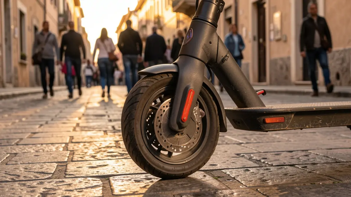 Image générique d'une roue de trottinette électrique garée sur un trottoir pavé, lumière du soir.
