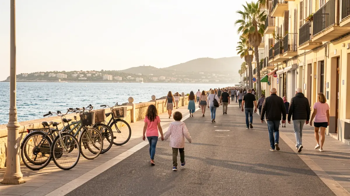 Image générique d'une rue côtière de Toulon sans voitures, avec des familles et des vélos.