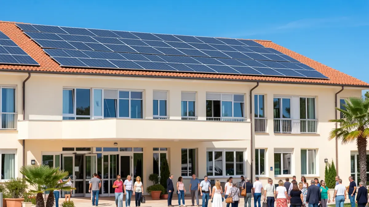 Facade of a modern hospital with solar panels on the roof, in a Mediterranean setting.