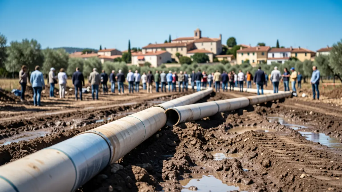 Chantier de travaux de curage de la roubine à Noves, avec des canalisations posées sur le sol.